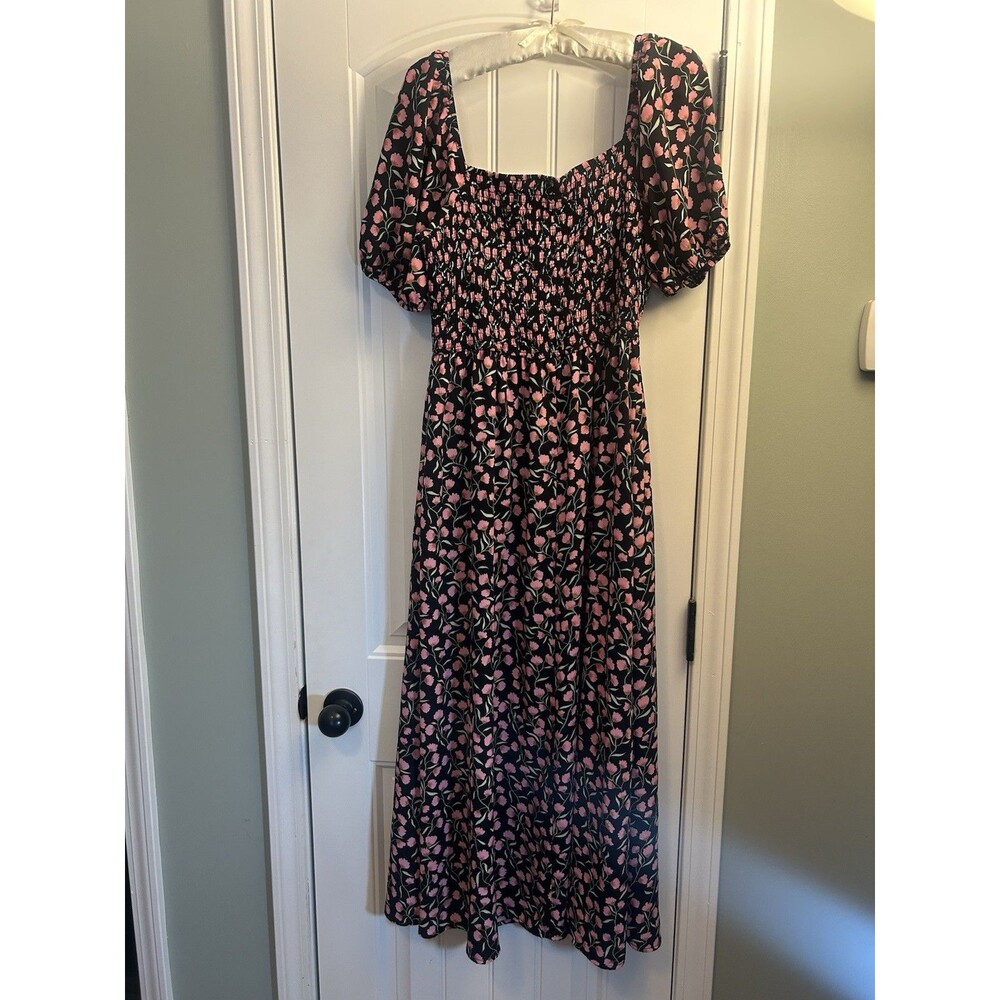 BTFBM Floral Smocked Cottagecore Maxi Dress Puff Sleeve Black Pink Large - Picture 12 of 12
